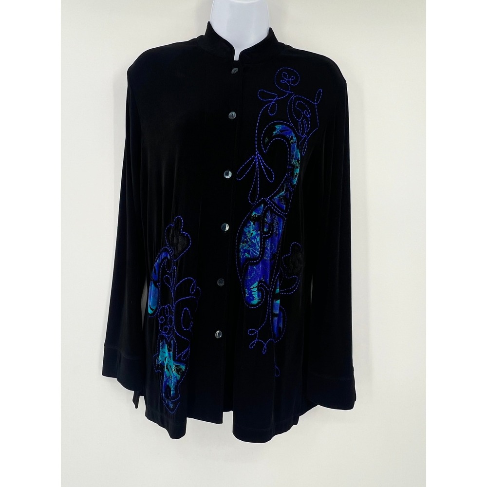 Chicos Travelers Women 1 US M Black Blue Embroidered Button Top Artsy Bohemian